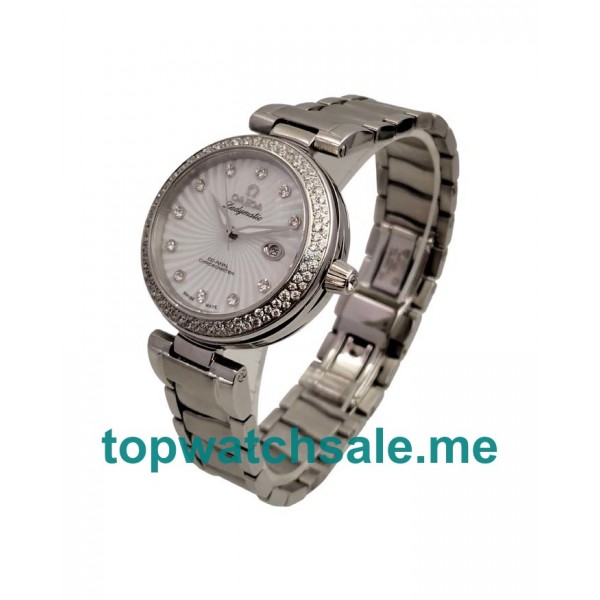 UK White Mother-of-pearl Dials Omega De Ville Ladymatic 425.35.34.20.55.001 Fake Watches With Diamonds